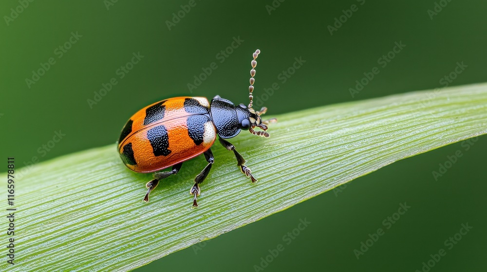 Aufkleber vibrant ladybug crawling on green leaf in springtime environment, close-up of insect with distinctiv