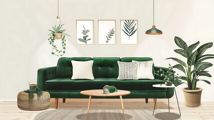 Interior of modern living room with green sofa and plants - rendering