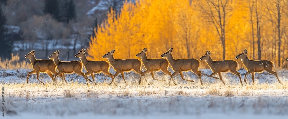 Poster herd of deer running through snowy field with golden trees.