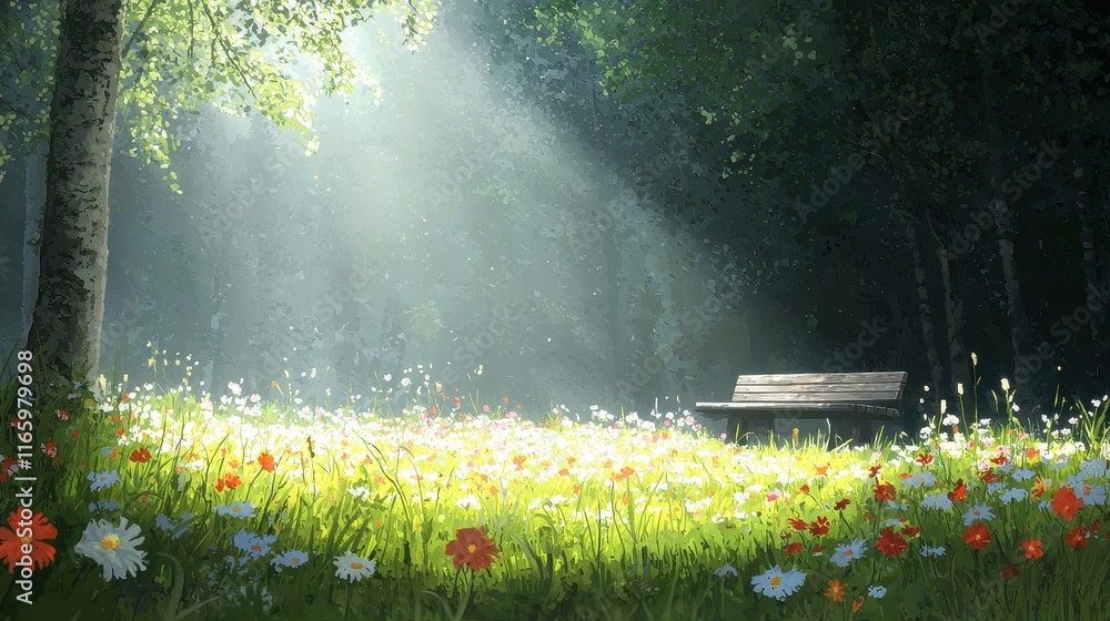 Poster serene forest clearing with sunlight filtering through trees and colorful wildflowers in the soft gl