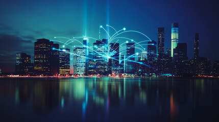Obraz premium Abstract business team stands on the peak of success amid tall, innovative Smart city and graphs with statistics to analyze business potential and predict future developments in company growth.