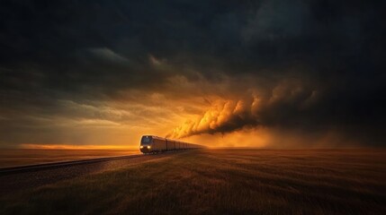 Fototapeta premium Train speeding through dramatic sunset storm.