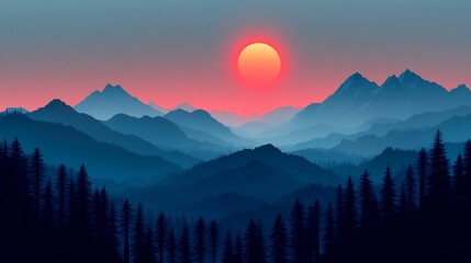 Obraz premium Breathtaking Mountain Landscape with Dramatic Sunset Sky and Silhouetted Pine Forest