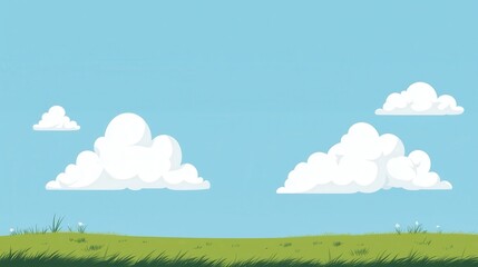 Bright Sunny Spring Day with Fluffy White Clouds in a Clear Blue Sky Above a Lush Green Meadow