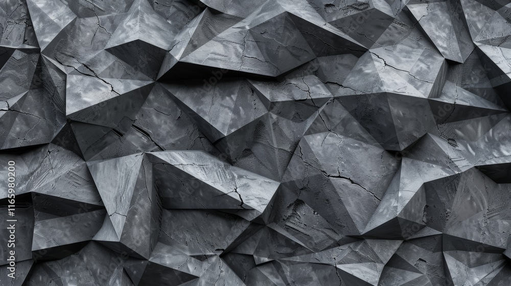 Poster dark gray low poly relief surface resembling cracked concrete with triangular facets creating an abs