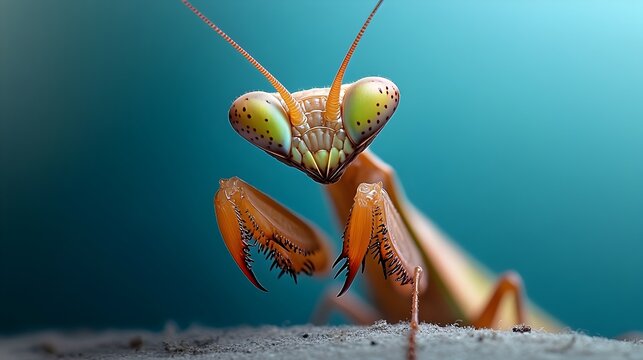 Tight high magnification portrait of a praying mantis large multifaceted eyes vigilantly observing serrated forelegs raised in a defensive stance camouflaged body coiled to strike