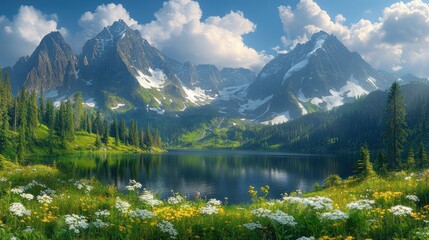 Fototapeta premium Majestic mountain lake reflecting peaks, wildflowers.
