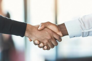 Close-up of businessmen shaking hands in an office after a collaborative meeting.