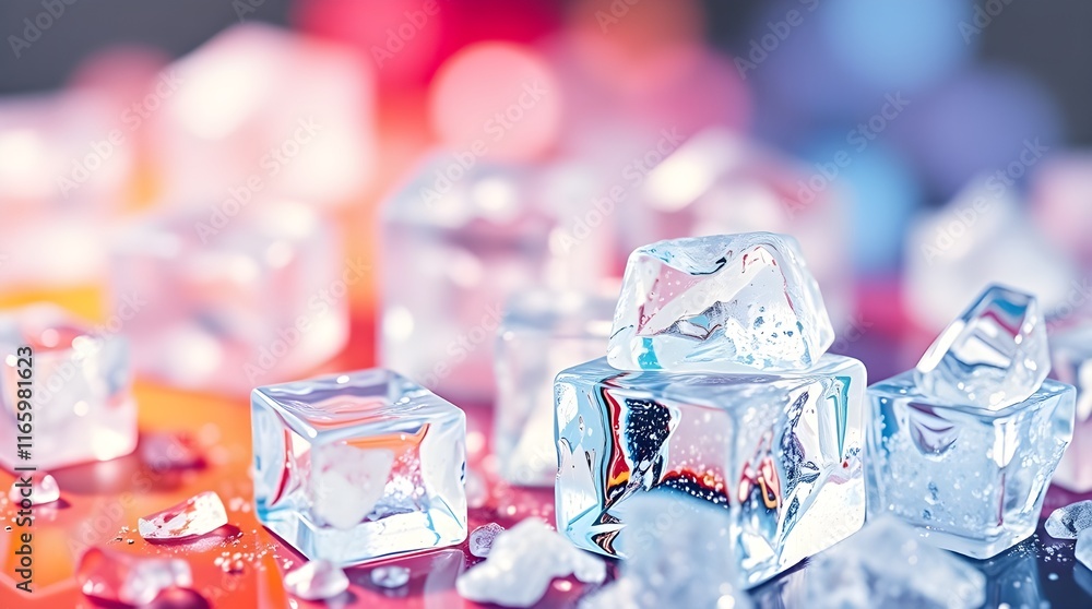 Wall mural blurred bokeh effect seamless pattern of crystal-clear ice cubes with intricate details and sharp su