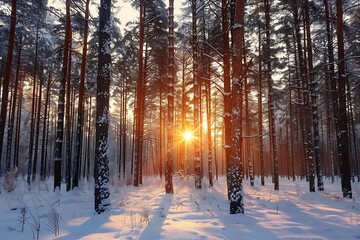 Naklejka premium Sunset in the winter forest. Beautiful winter landscape with river and trees