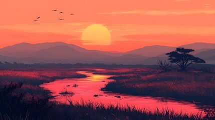 Obraz premium Breathtaking Sunset Landscape with Silhouetted Mountains and Reflective River