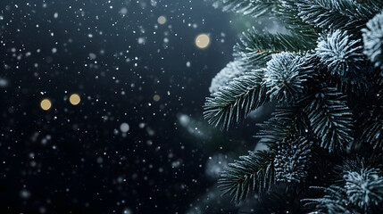 
A captivating Christmas background featuring a close-up of a snow-covered green fir tree branch. Includes copy space with a moody, dark-toned design perfect for seasonal quotes