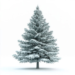 Fototapeta premium Snow-covered evergreen tree standing alone in a winter landscape with white background, perfect for holiday or seasonal themes and nature concepts