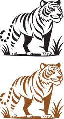 The Tiger Standing in Village Field Vector Art - Wildlife and Rural Scene Illustration
