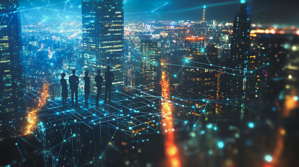 Fototapeta premium Abstract business team stands on the peak of success amid tall, innovative Smart city and graphs with statistics to analyze business potential and predict future developments in company growth.