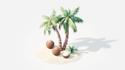 Obraz premium Two stylized palm trees on a small island with coconuts.
