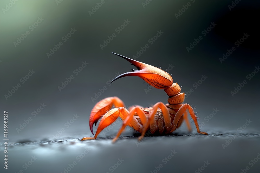 Poster dramatic close up macro shot of a scorpion s segmented tail the barbed stinger flexing and preparing