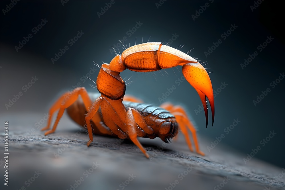 Poster dramatic macro shot of a scorpion s segmented tail the barbed stinger flexing and preparing to unlea