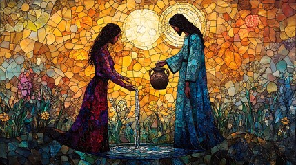 The Woman at the Well in vivid stained glass, Jesus portrayed with a warm, inviting demeanor, water flowing from the well in sparkling detail, the Samaritan woman holding a clay jar,