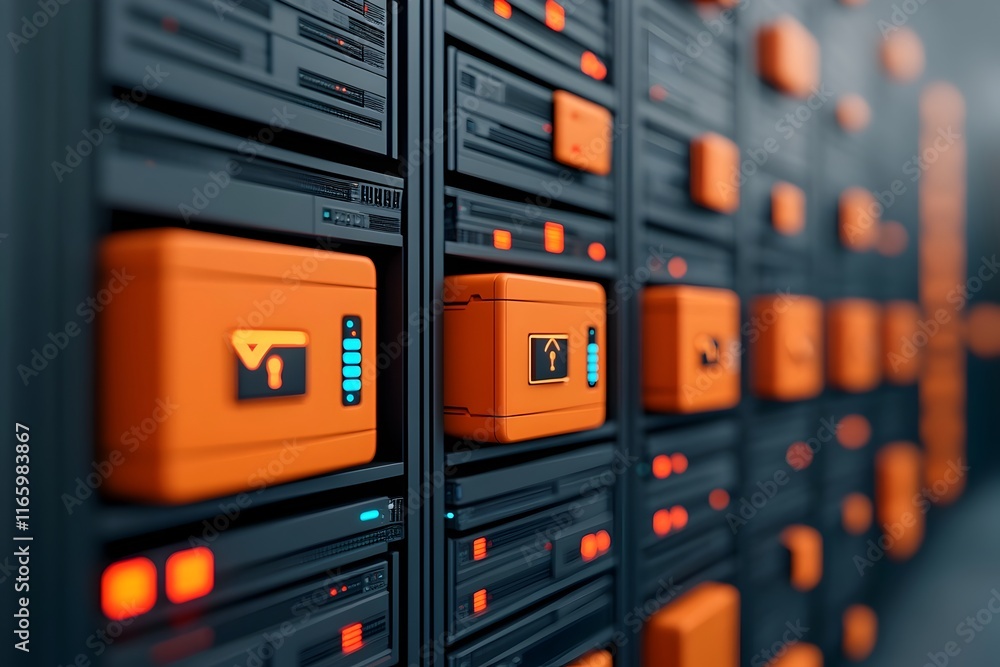Poster vast subterranean digital archives with towering server racks glowing data storage arrays and autono