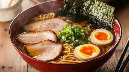 Steaming bowl of ramen noodles with chashu pork, soft boiled eggs, seaweed, and green onions.