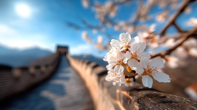 A beautiful close-up of cherry blossoms blooming near the Great Wall of China, capturing the essence of spring and the historic architecture in the background.
