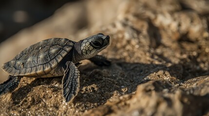 Fototapeta premium Tiny sea turtle hatchling crawls on sandy beach.
