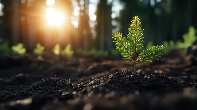 A small pine tree emerges from rich, dark soil, illuminated by early morning sunlight, signifying hope and new beginnings in a peaceful forest environment.