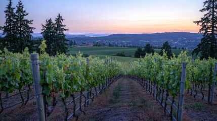 Naklejka premium Vineyard rows at sunset, overlooking a valley town.
