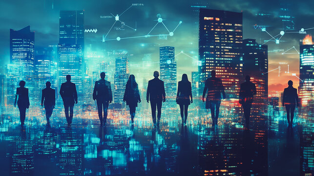 Abstract business team stands on the peak of success amid tall, innovative Smart city and graphs with statistics to analyze business potential and predict future developments in company growth.