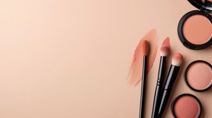 A collection of beauty products including blush, brushes, and a vivid color swatch arranged aesthetically, ideal for showcasing makeup artistry and cosmetic brands.