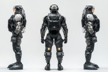 Futuristic robotic soldier design showcasing advanced armor and technology from multiple angles