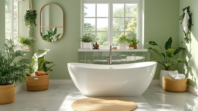 Modern green bathroom with freestanding tub, plants, and natural light.