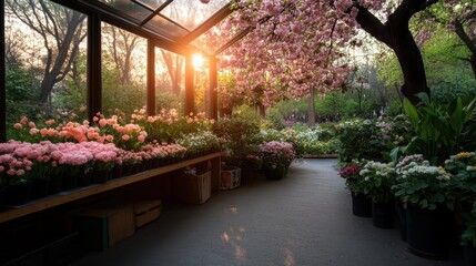 Obraz premium A vibrant display of blooming flowers in a sunlit greenhouse captures the tranquil beauty of nature, inviting viewers to appreciate the delicate artistry of floral arrangements.