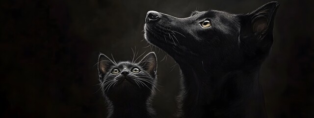 A black dog and cat, with the kitten's head resting on its mother's shoulder, looking up at her in awe