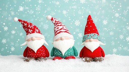 Adorable Christmas Gnomes with Colorful Hats and Whimsical Faces Set Against a Snowy Background Filled with Cheerful Snowflakes