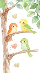 A whimsical watercolor illustration of three colorful birds perched on a tree branch, surrounded by hearts and leaves, exuding a cheerful and loving atmosphere.