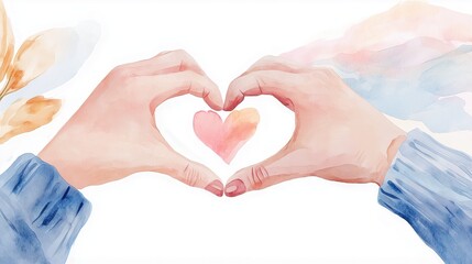Obraz premium Two hands forming a heart shape, with a soft watercolor background, symbolizing love and connection.