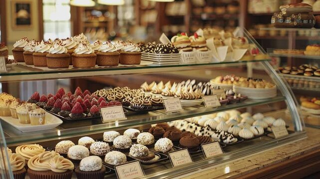 A tempting array of freshly baked cupcakes, pastries, and desserts in a charming bakery display case. The scene captures the sweet allure and artisanal craftsmanship.