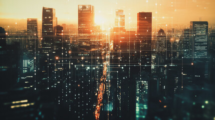Fototapeta premium Abstract business team stands on the peak of success amid tall, innovative Smart city and graphs with statistics to analyze business potential and predict future developments in company growth.