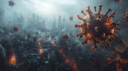 Cityscape under threat from virus imagery.