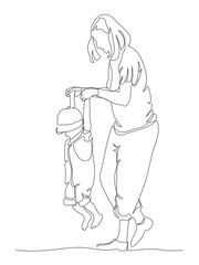 Mother with child having fun. Holding hands. Children Day. Continuous line drawing. Black and white vector illustration in line art style.