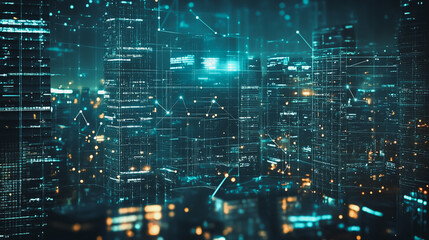 Obraz premium Abstract business team stands on the peak of success amid tall, innovative Smart city and graphs with statistics to analyze business potential and predict future developments in company growth.