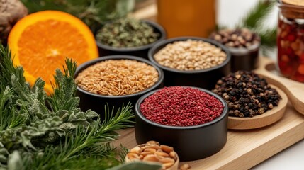 A beautifully arranged assortment of seeds and herbs set on a wooden surface, showcasing textures and colors, symbolizing nature's abundance and culinary creativity.