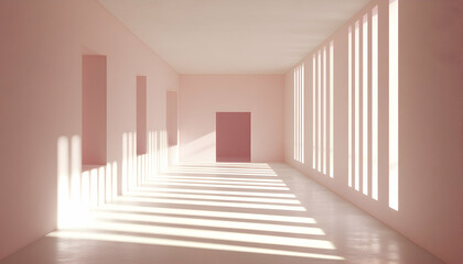 Serene minimalist hallway bathed in soft sunlight, showcasing architectural design and light patterns.  Perfect for design blogs, home decor, and modern architecture websites.