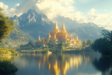 Beautiful palace is reflected in the water of a lake