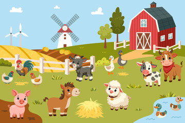 Cartoon farm landscape with barn and animals. Farm yard, rural landscape. Breeding domestic animals on farms, animal husbandry in agriculture. Cow bull pig sheep horse goose duck hen rooster goat.