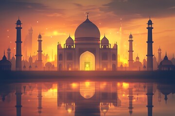 Majestic Mosque at Sunset Golden Cityscape Reflection