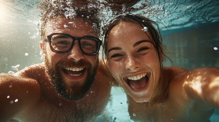 A joyful couple takes a fun selfie underwater, showcasing their happiness and the playful essence of summer and aquatic adventures.
