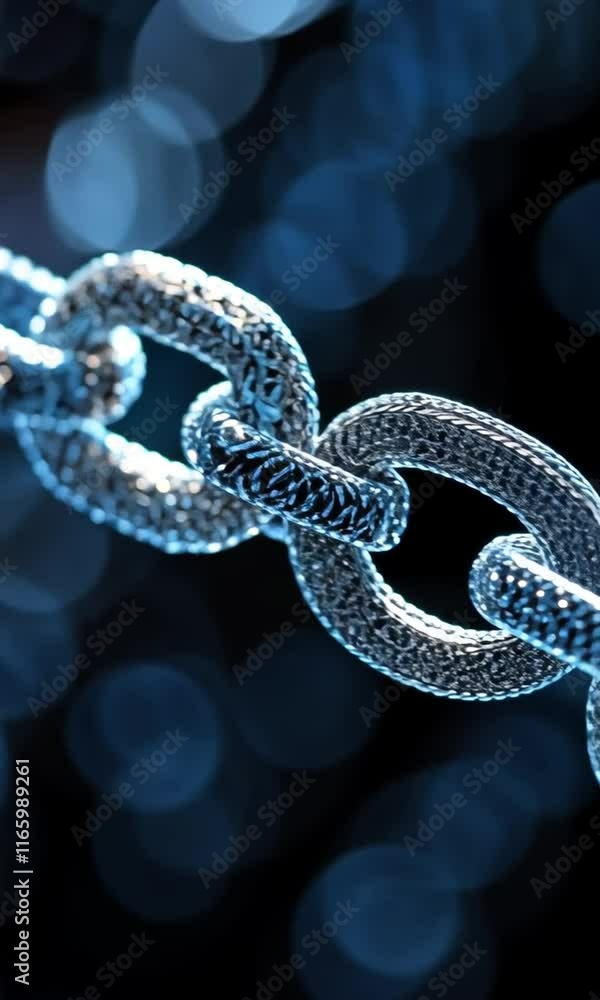 Poster close up of shiny metallic chain link with intricate textures and shimmering blue highlights against